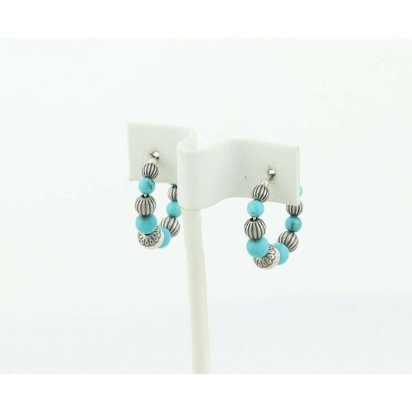 Sterling Silver Created Turquoise Bead Hoop Earrings - Picture 6 of 7